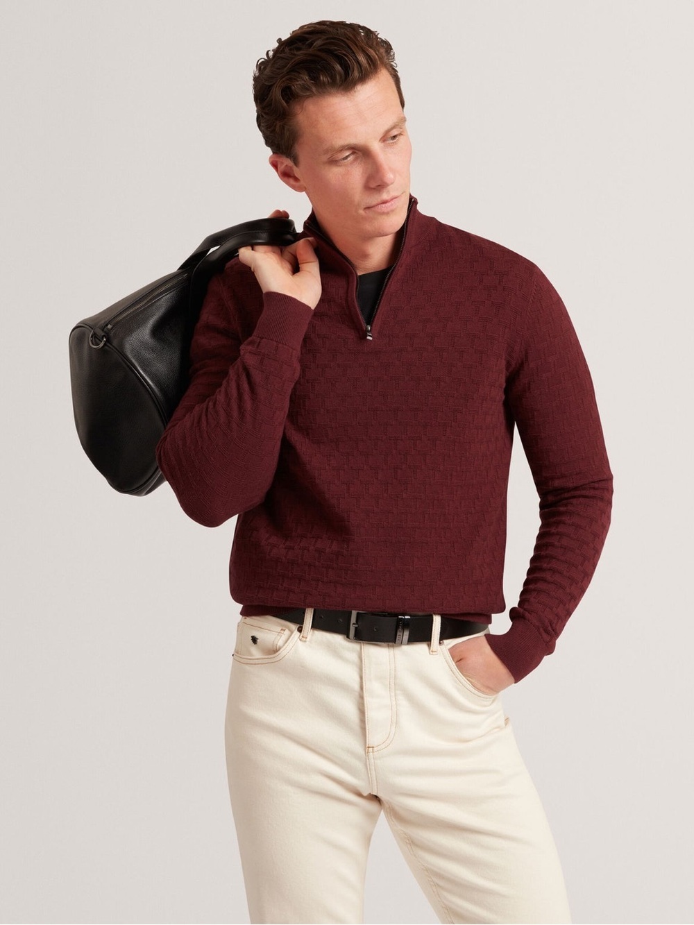 Ted Baker London NWT Men’s Jeremee Branded Texture Zip Neck Jumper Sweater